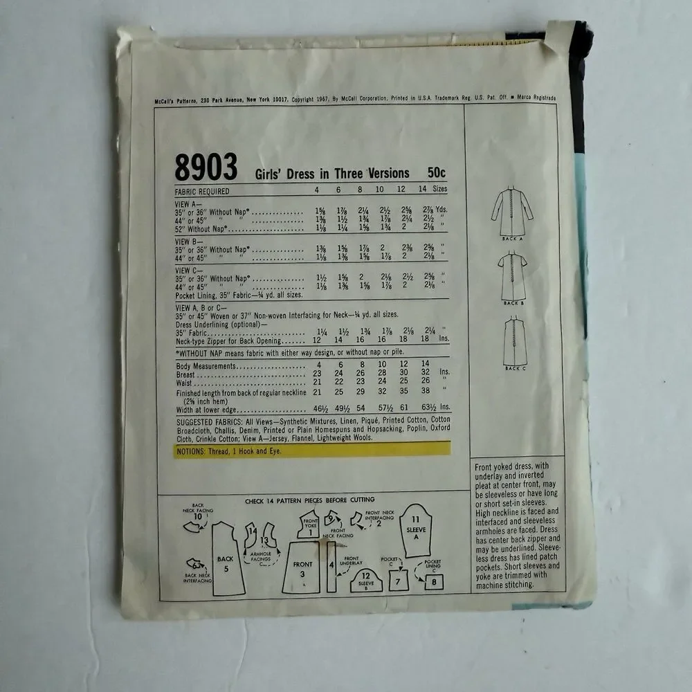 Vtg 60s McCalls 8903 Sewing Pattern Girls Dress Inverted Center Pleat Yoke Sz 10